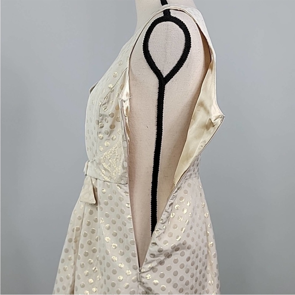 Anthropologie Quillaree Metallic Gold Jacquard Polka Dot Cream A-line Dress 4 - Picture 10 of 14